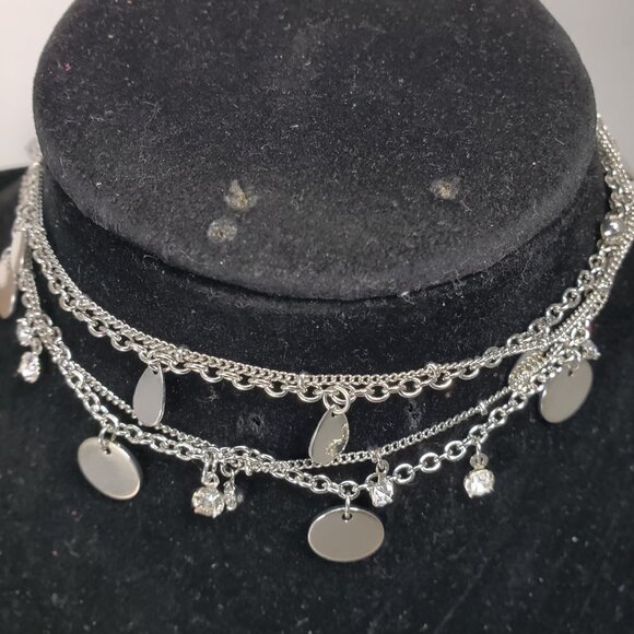 Women's Stunning Rhodium Layered Choker with Discs & Crystal Drops 11+2-inch - Picture 5 of 8